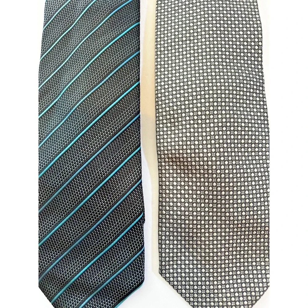 Ermenegildo Zegna Neck Tie 100% Silk Dots Stripes Black Blue White Italy Set
